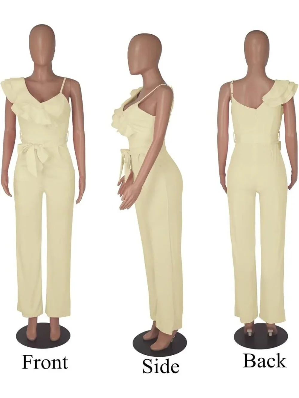 👗 Women's Cream White Ruffle One Shoulder Wide Leg Belted Romper Jumpsuits
